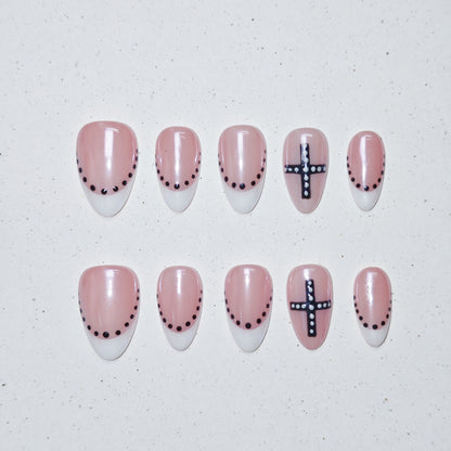 Pearl Cross Press on Nails - nude &  white color