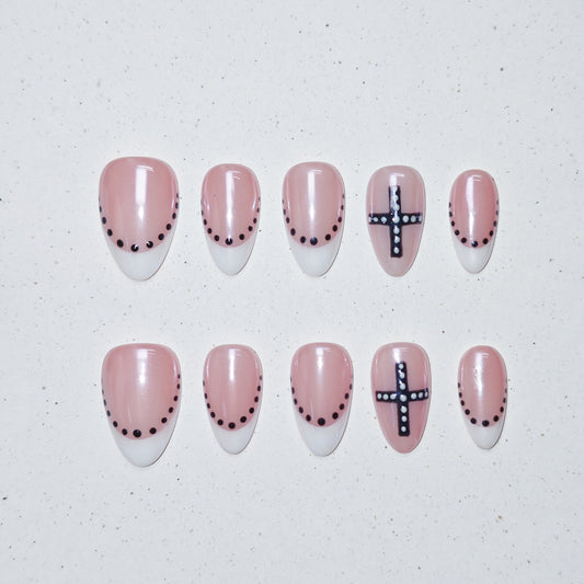 Pearl Cross Press on Nails - nude &  white color