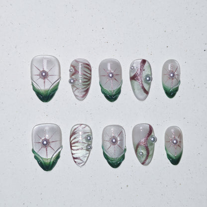 Golen Lotus Press on Nails - green &  white color