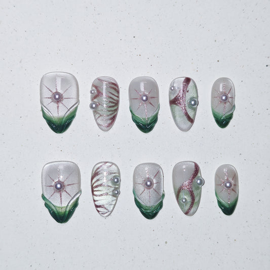 Golen Lotus Press on Nails - green &  white color