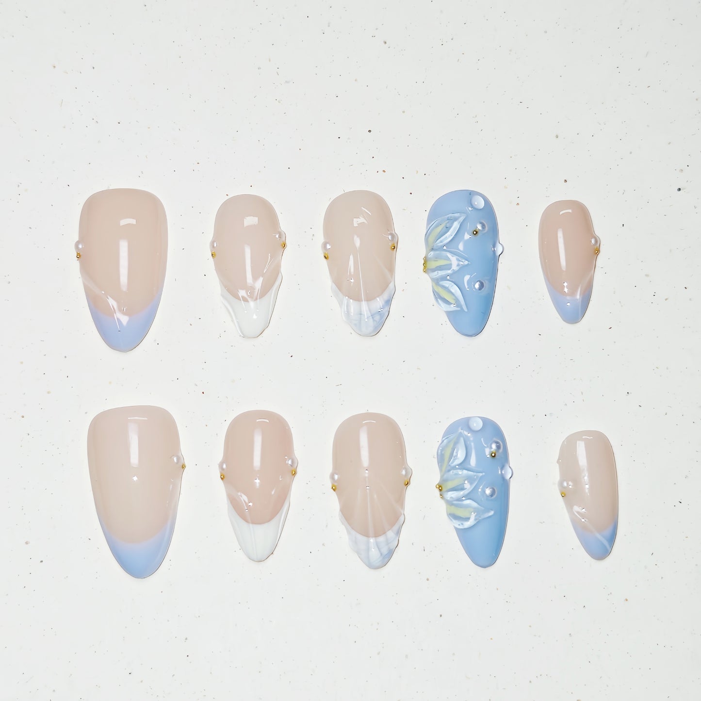 Ocean Lily Press on Nails - blue &  nude &  white color