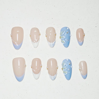Ocean Lily Press on Nails - blue &  nude &  white color