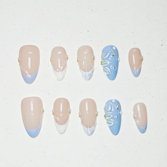 Ocean Lily Press on Nails - blue &  nude &  white color