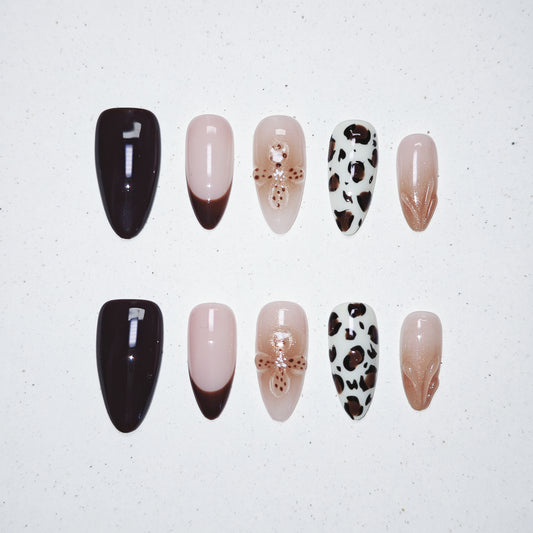 Mocha Moo Press on Nails - brown &  white &  black color