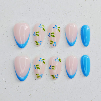 Blue Floral Press On Nails