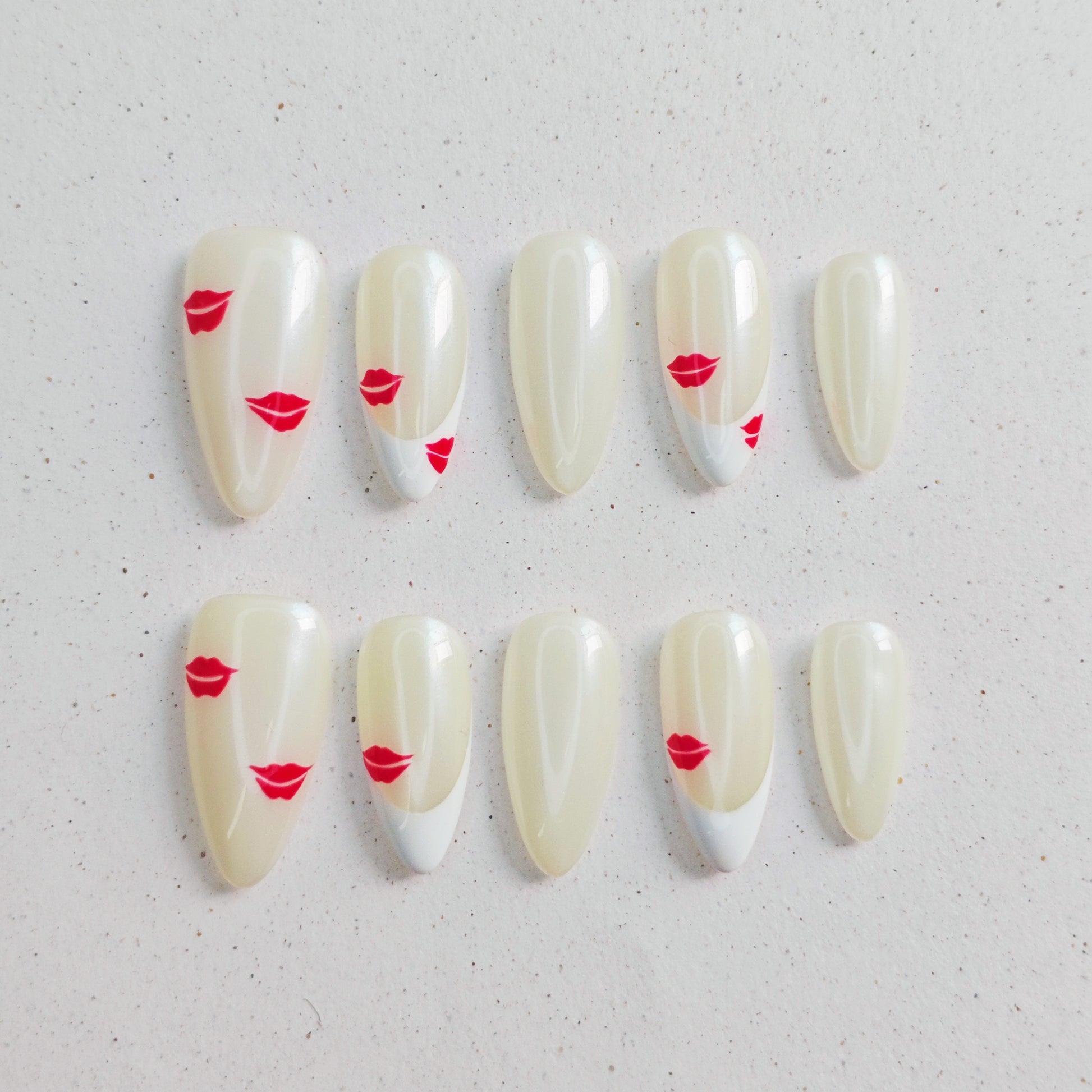 Milky Red Lip Press on Nails - white &  red color