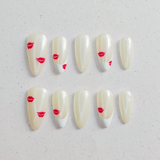 Milky Red Lip Press on Nails - white &  red color