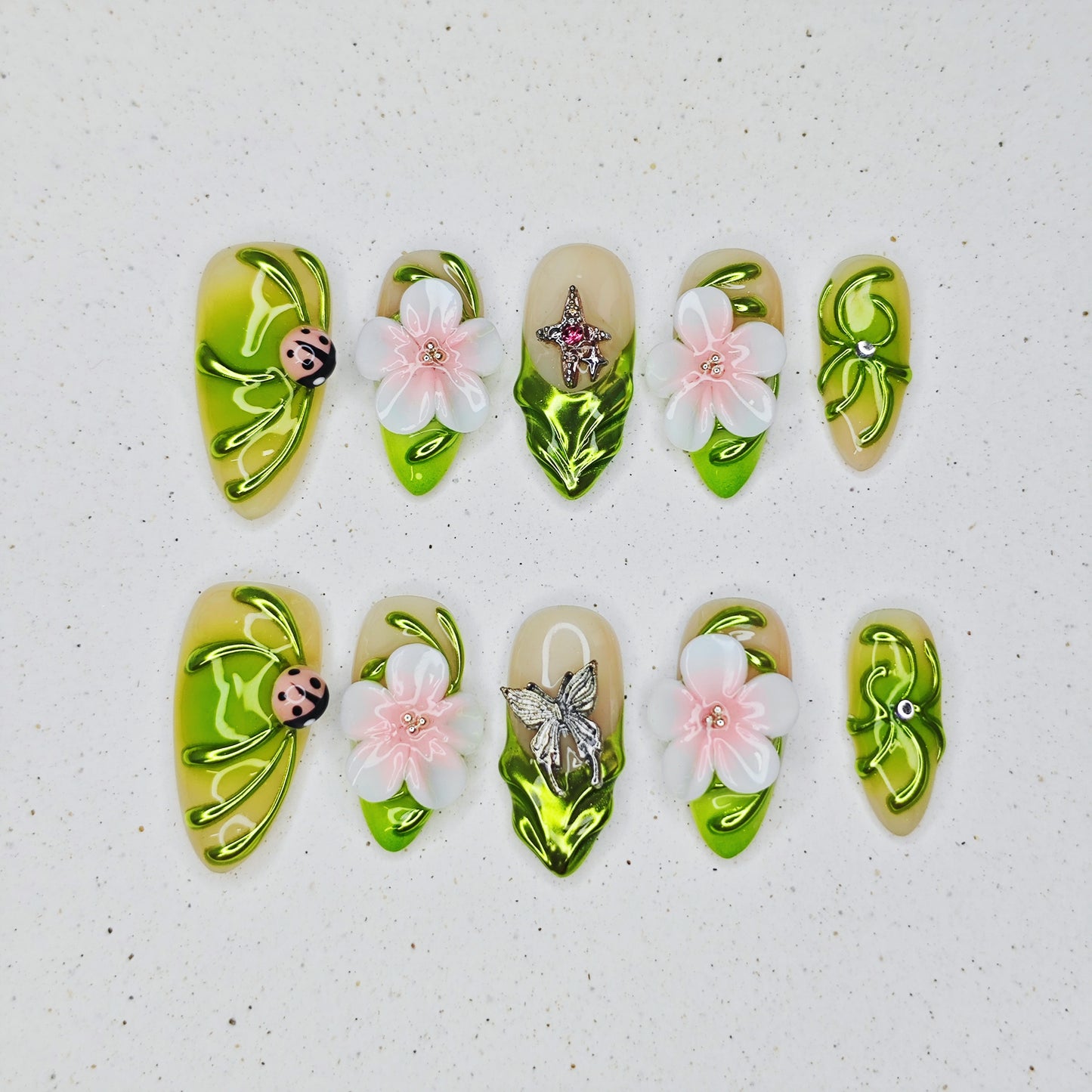 Green Vine Flower Press on Nails - green &  pink color