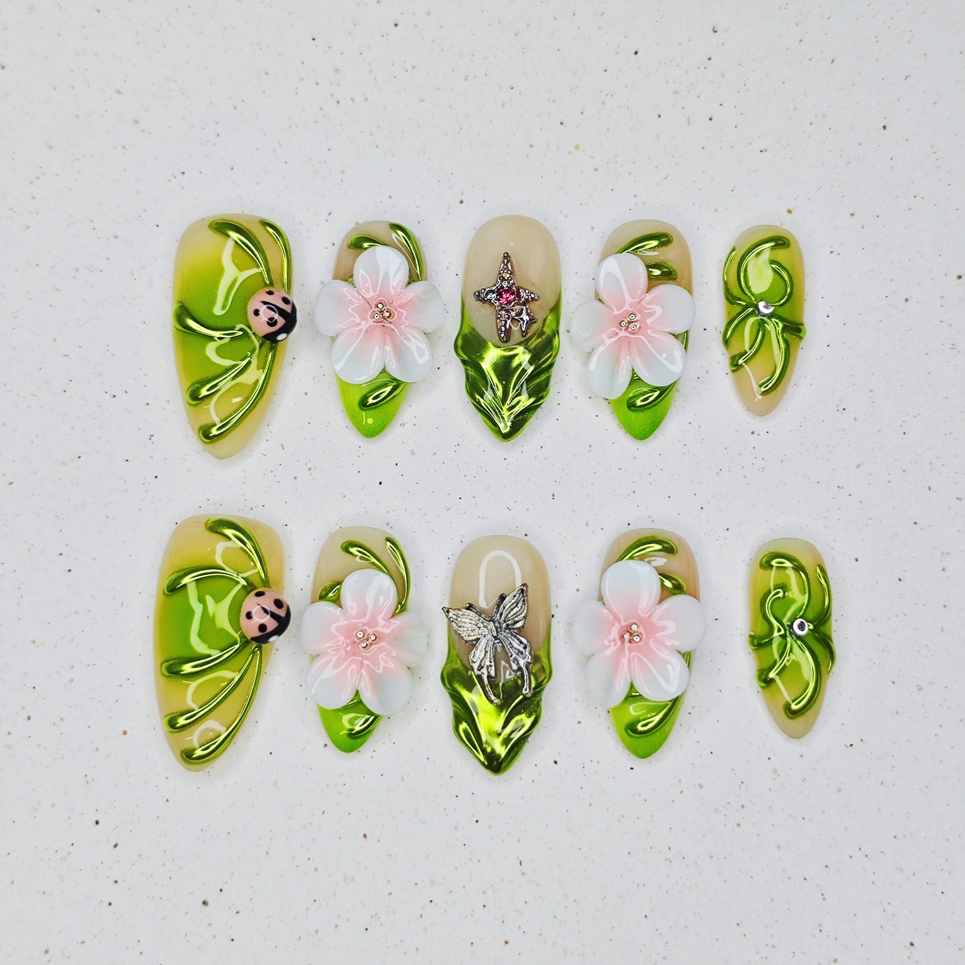 Green Vine Flower Press on Nails - green &  pink color