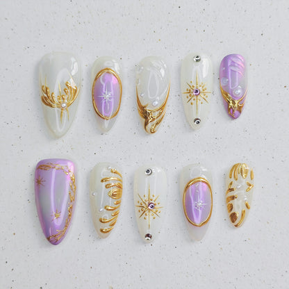 Misty Purple Press on Nails - purple &  gold &  white color