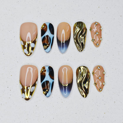 Golden Tortoiseshell Press on Nails - gold &  brown color