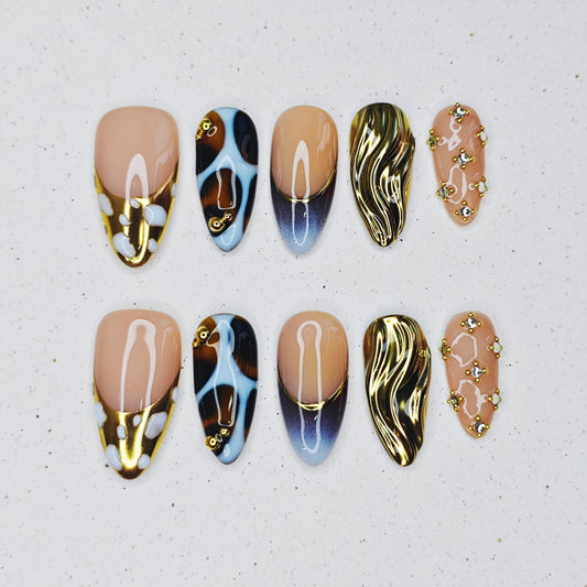 Golden Tortoiseshell Press on Nails - gold &  brown color