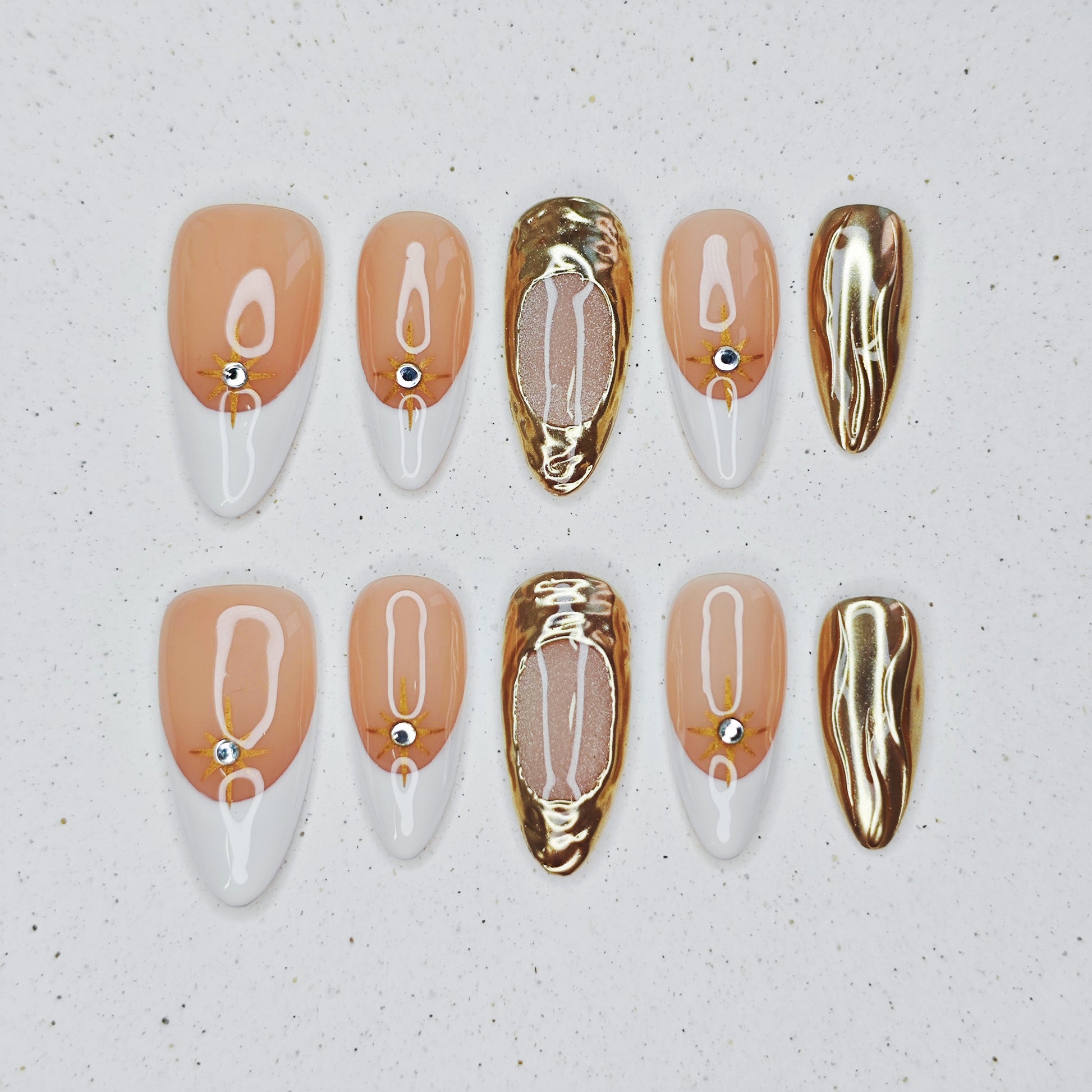 Golden Star Press on Nails - white &  gold color