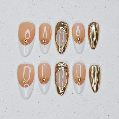 Golden Star Press on Nails - white &  gold color