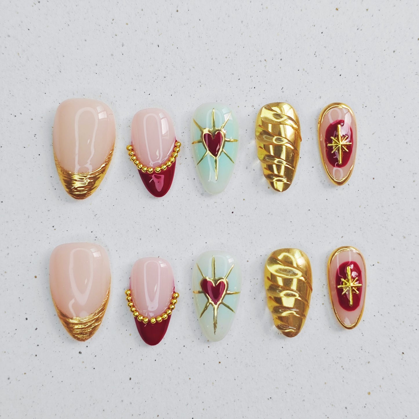 Gilded Burgundy Heart Press on Nails - gold &  red color
