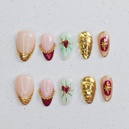 Gilded Burgundy Heart Press on Nails - gold &  red color