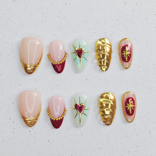Gilded Burgundy Heart Press on Nails - gold &  red color