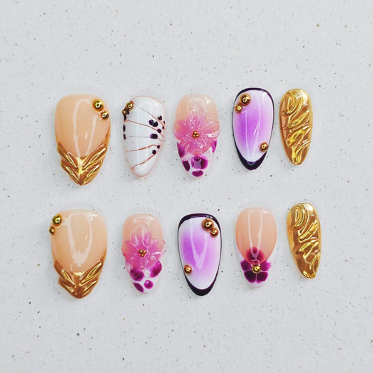 Gilded Purple Flower Press on Nails - gold &  red color