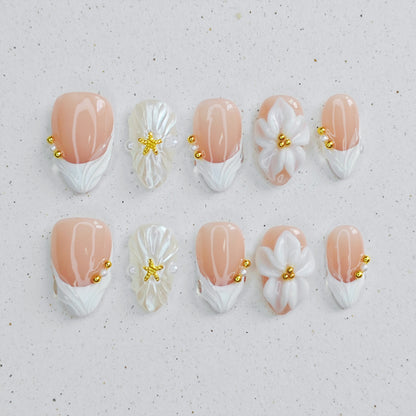 French Floral Shell Press On Nails