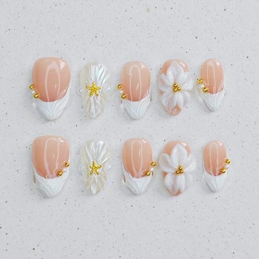French Floral Shell Press On Nails