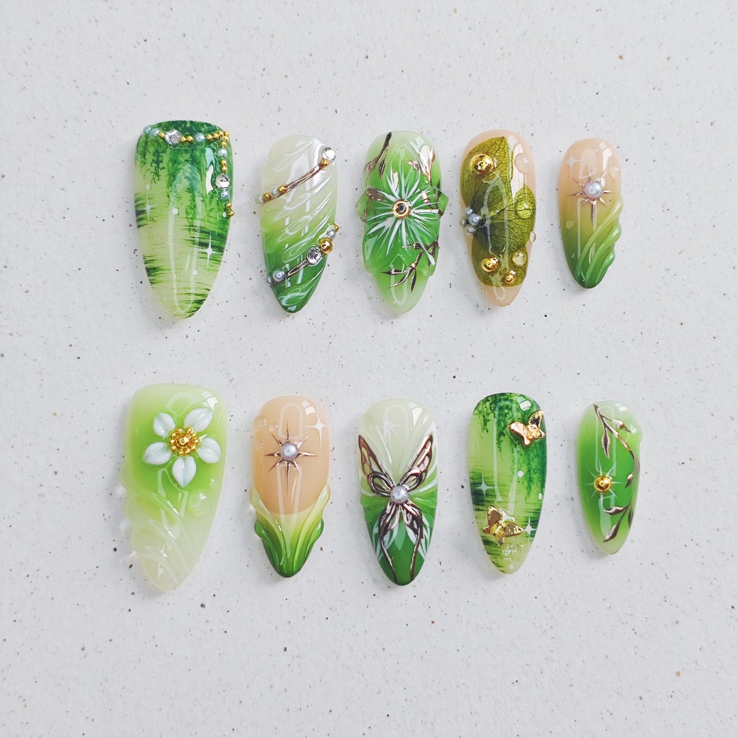 Green Butterfly Dance Press on Nails - green color