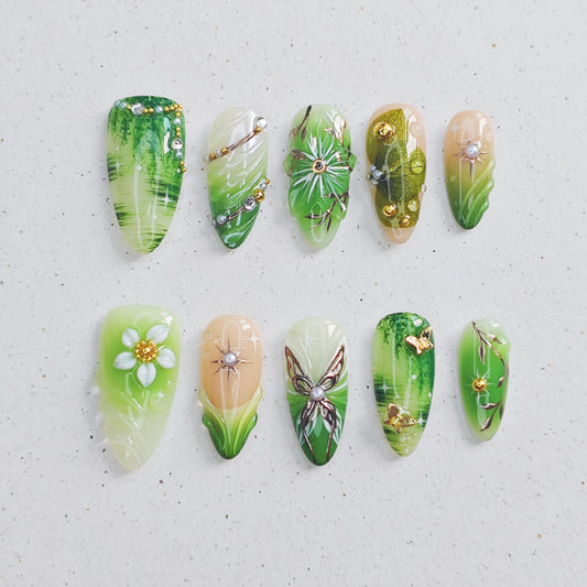 Green Butterfly Dance Press on Nails - green color
