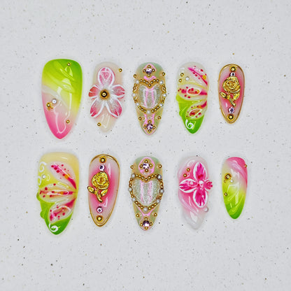 Pink Green Blossom Press on Nails - green &  pink color