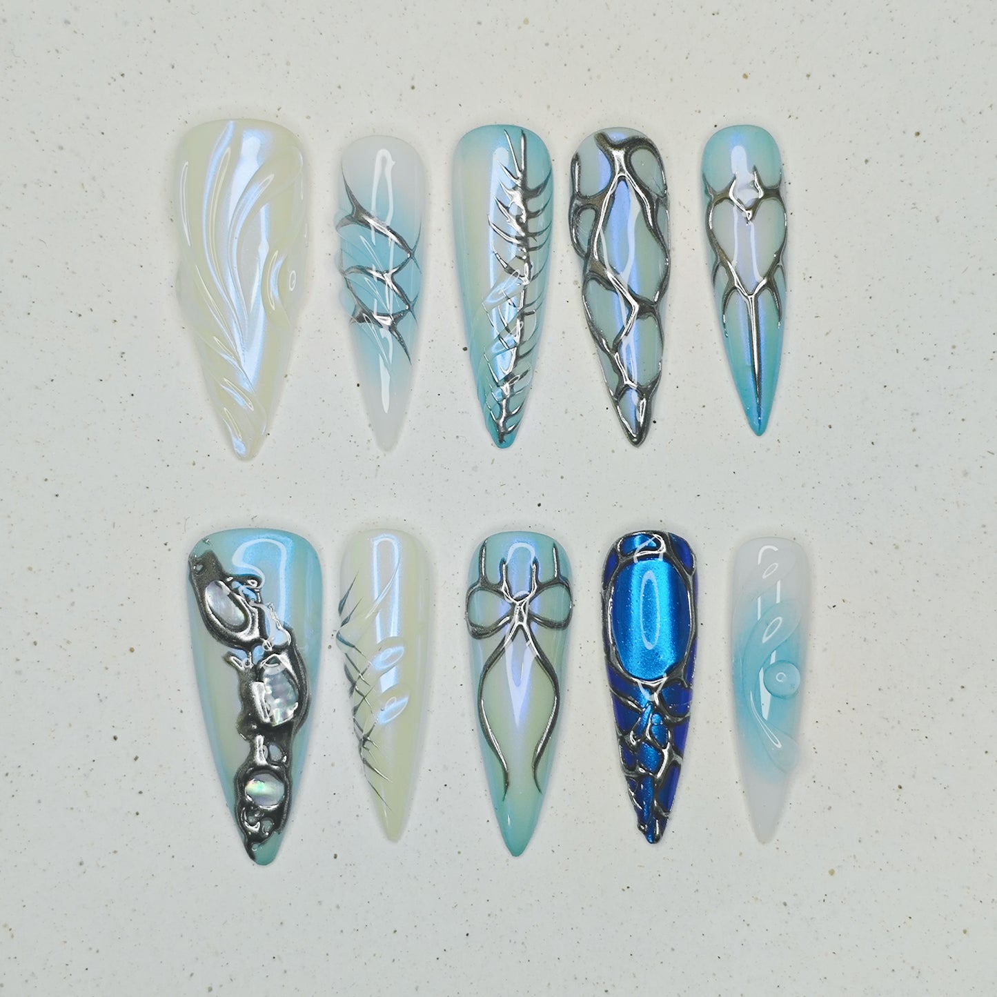 Ice Blue Thorn Press on Nails - blue &  white color
