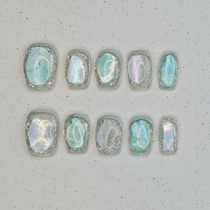 Luminous Tear Press on Nails - cyan &  silver color
