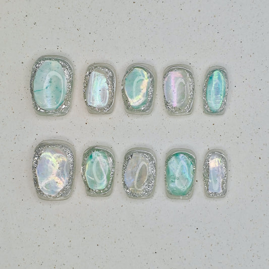 Luminous Tear Press on Nails - cyan &  silver color