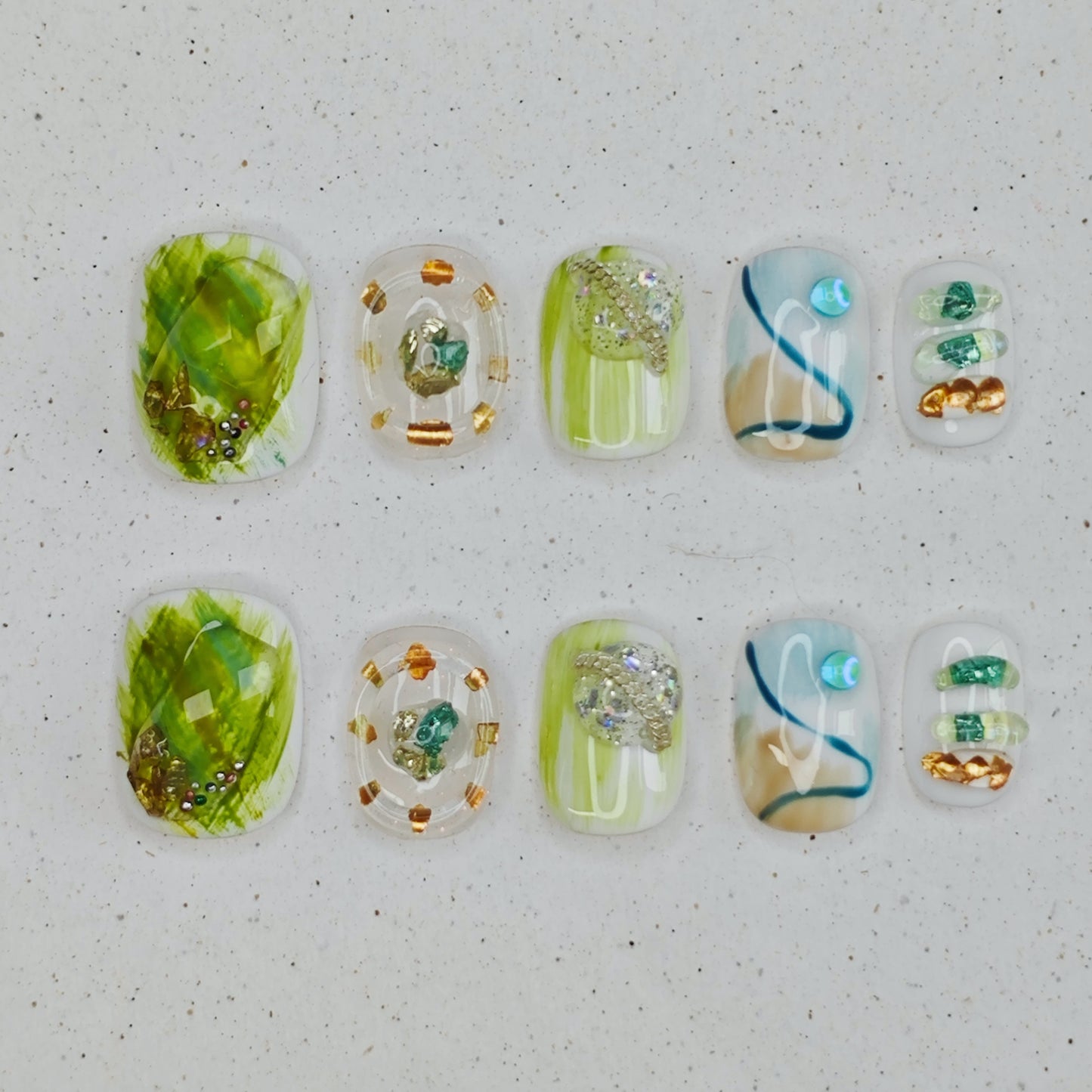 Mossy Glow Press on Nails - cyan &  white color