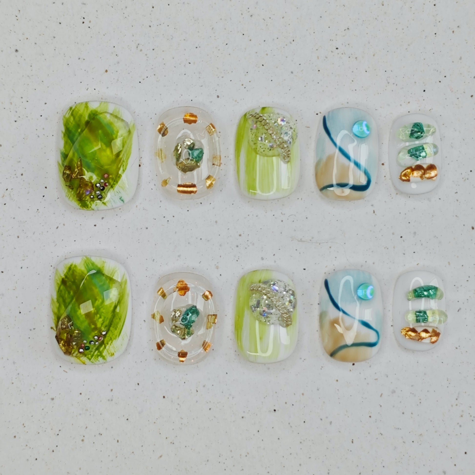 Mossy Glow Press on Nails - cyan &  white color