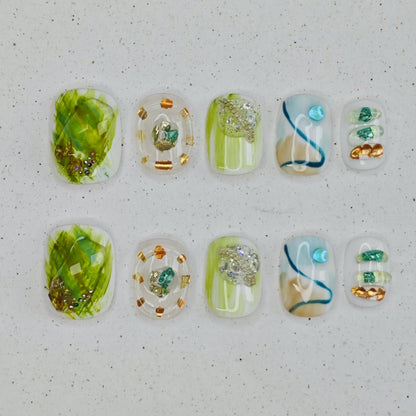 Mossy Glow Press on Nails - cyan &  white color