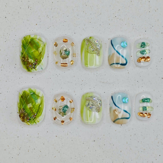 Mossy Glow Press on Nails - cyan &  white color