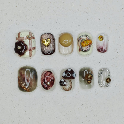 Mocha Lattice Press on Nails - rainbow &  brown color