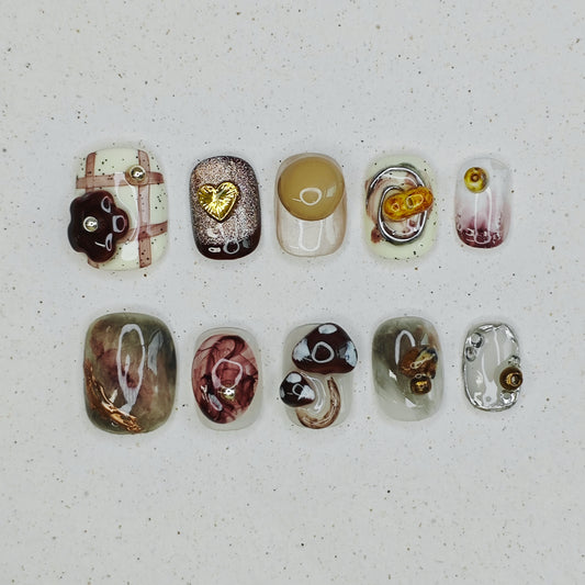 Mocha Lattice Press on Nails - rainbow &  brown color