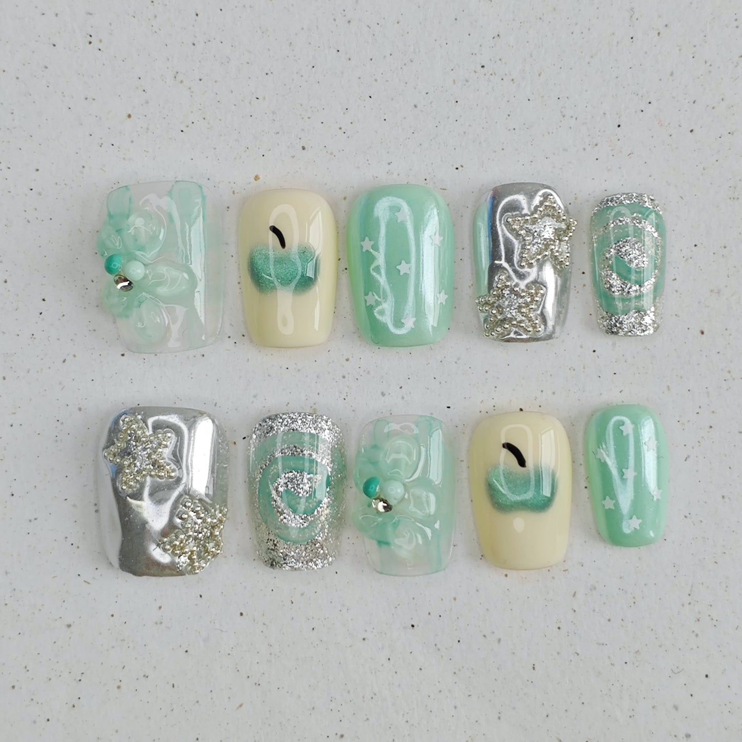 Mint Whisper Press on Nails - cyan &  silver color