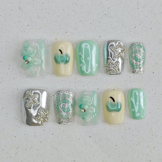 Mint Whisper Press on Nails - cyan &  silver color