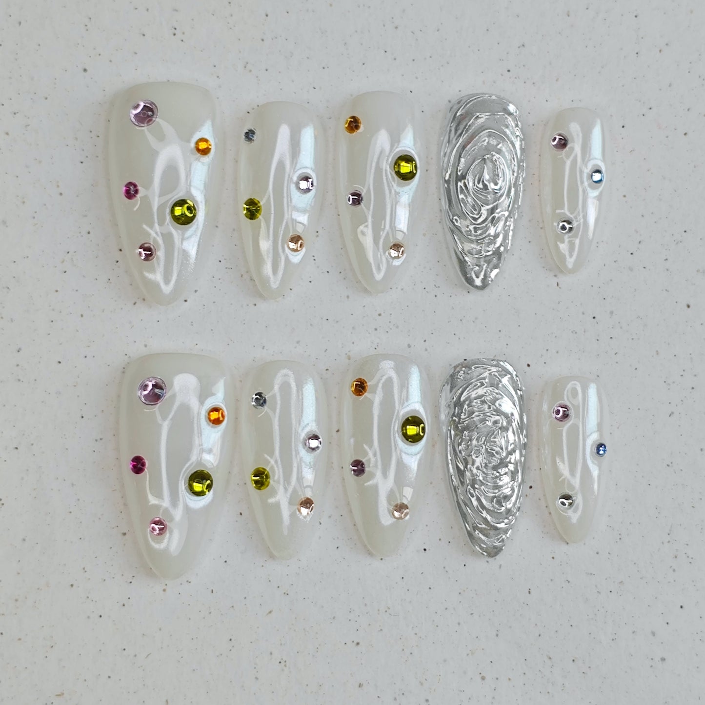 Opal Whisper Press on Nails - silver &  white color