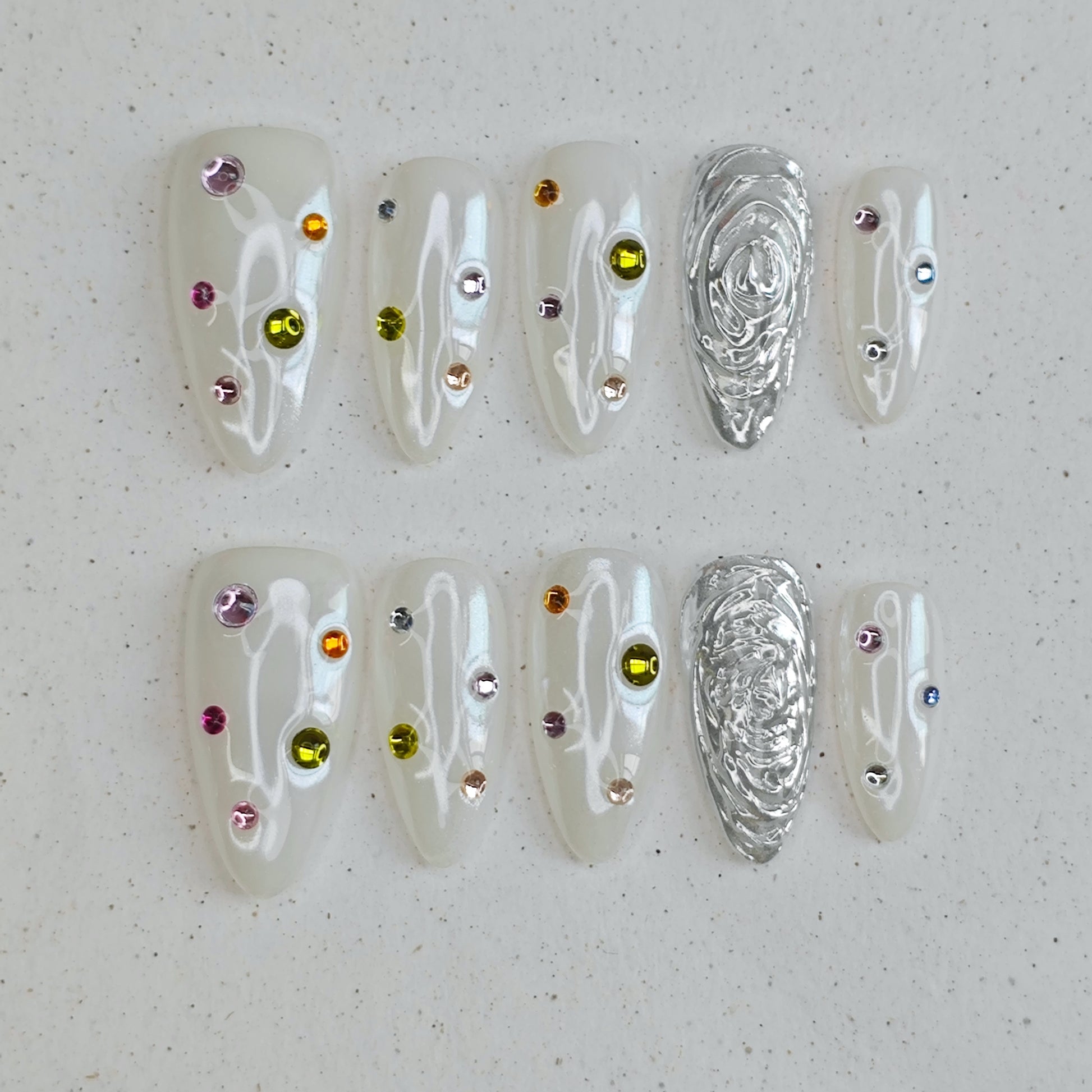 Opal Whisper Press on Nails - silver &  white color