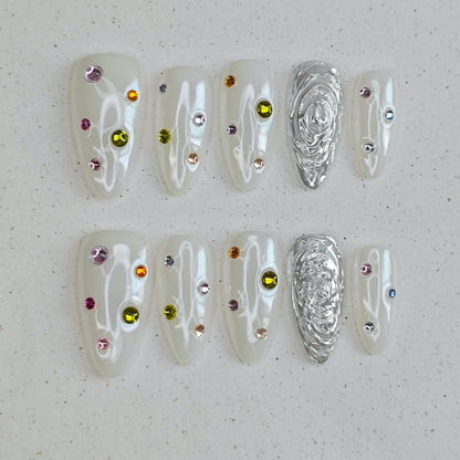 Opal Whisper Press on Nails - silver &  white color