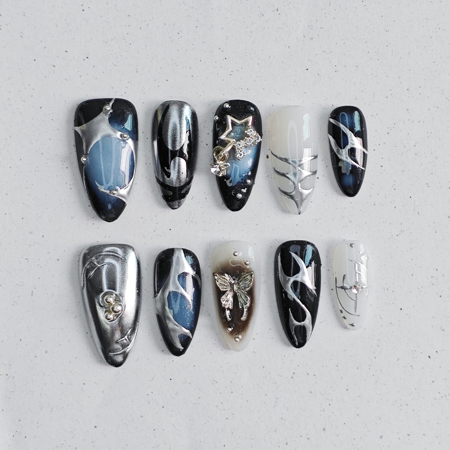 Liquid Metal Press on Nails - black &  white &  silver color