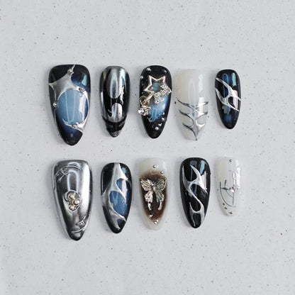 Liquid Metal Press on Nails - black &  white &  silver color