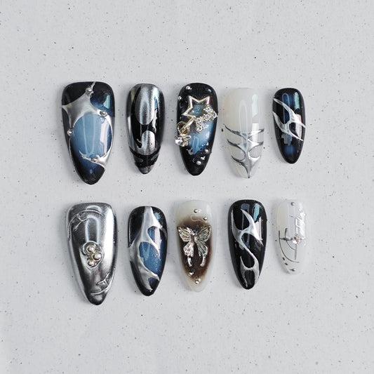 Liquid Metal Press on Nails - black &  white &  silver color