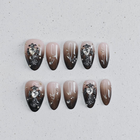 Gradient Black Press on Nails - silver &  black &  gray color