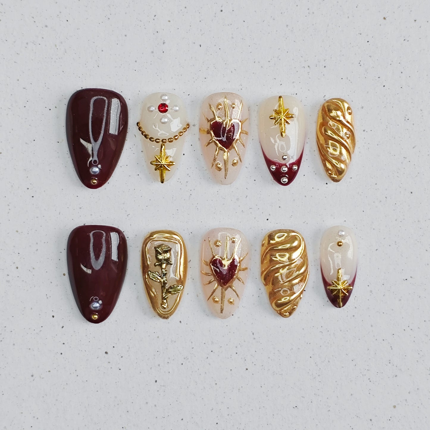 Gilded Regalia Press on Nails - red &  pink &  gold color