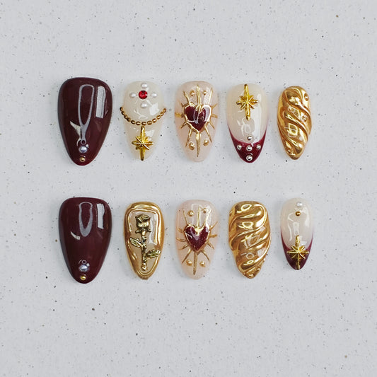 Gilded Regalia Press on Nails - red &  pink &  gold color