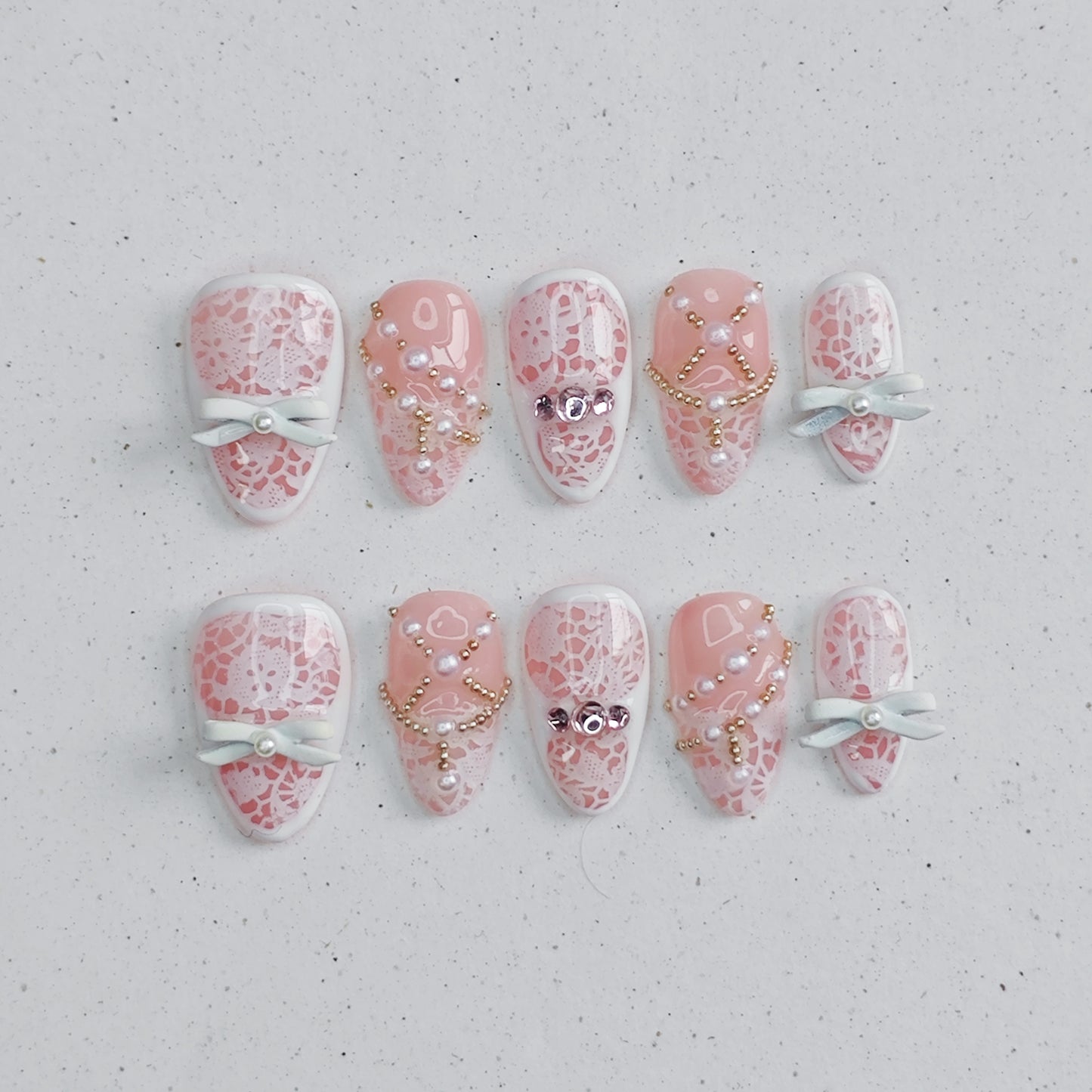 Lace Sweetheart Press on Nails - pink &  white color