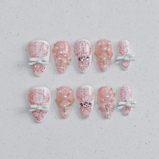 Lace Sweetheart Press on Nails - pink &  white color