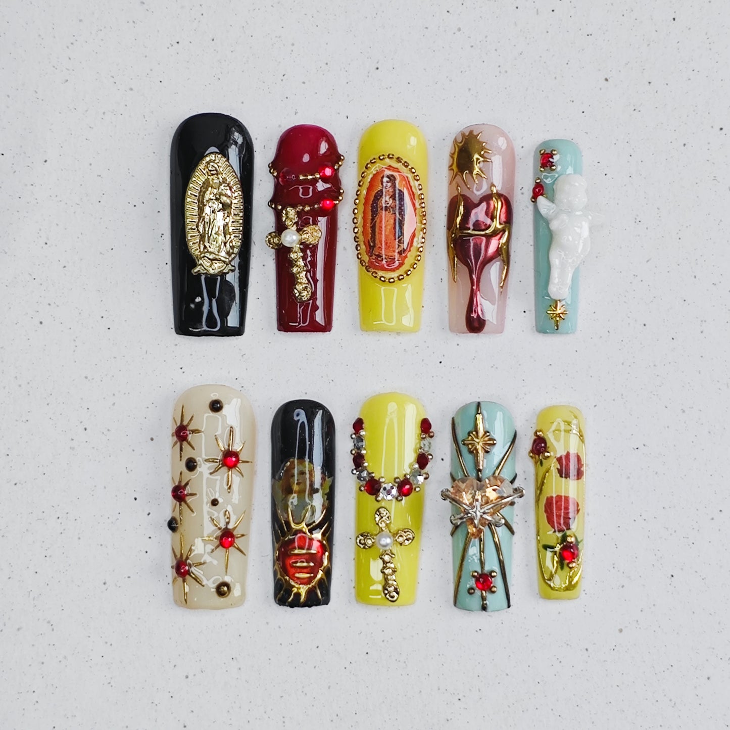 Madonna Light Press on Nails - gold &  black &  red &  yellow &  white color